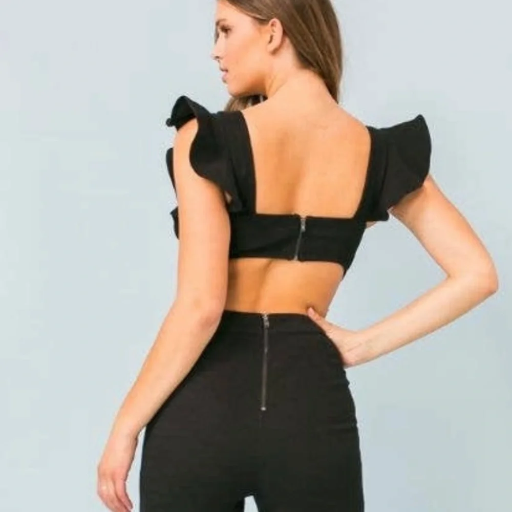 Ruffle Stretch Denim Jumpsuit NWT - Picture 3 of 4